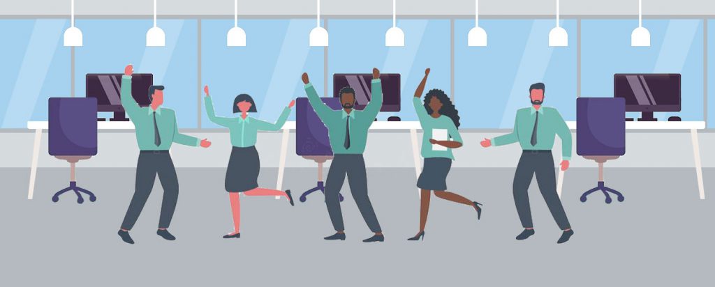 Graphic of staff celebrating in an office.