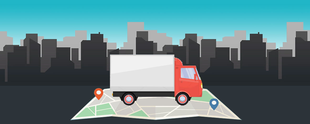 Truck and map in front of city skyline.