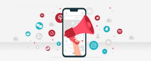 Social media icons surrounding graphic of a cell phone with arm holding a megaphone.
