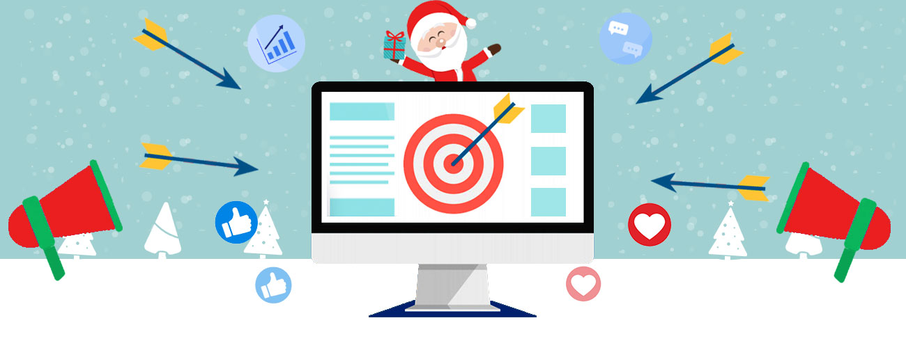 Monitor with target on screen with marketing icons and holiday graphics in the background.