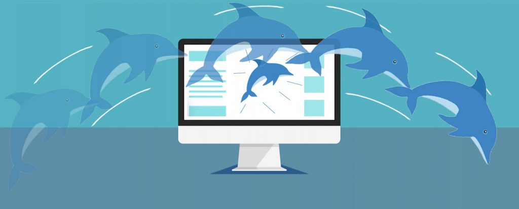 Dolphins jumping across a screen's splash page.