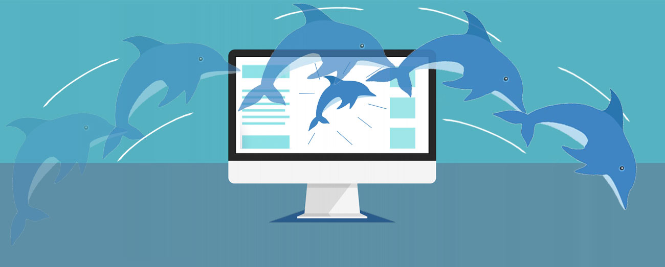 Dolphins jumping across a screen's splash page.